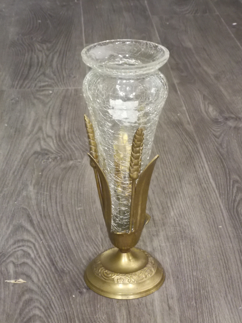 Vintage Victorian Style Crackle Cone Glass Vase w/Brass Wheat Shaped Stand